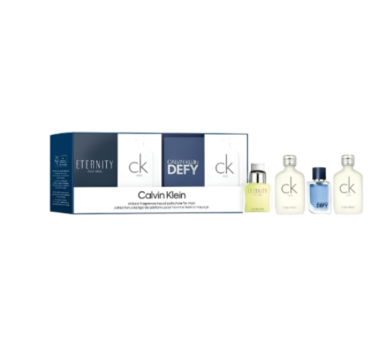 Calvin Klein men's fragrance mini set with Eternity, CK One, and Defy bottles with packaging box front view