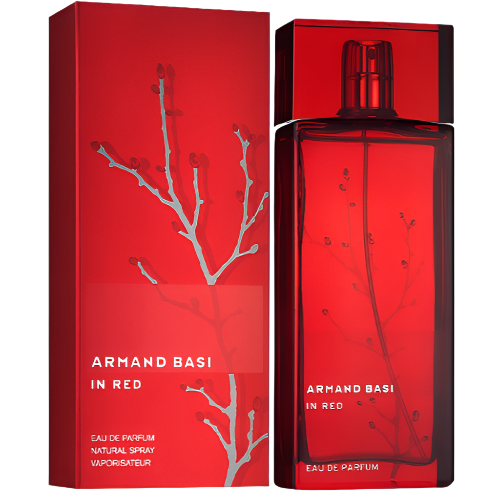 Armand Basi In Red perfume bottle and red box with silver branch design