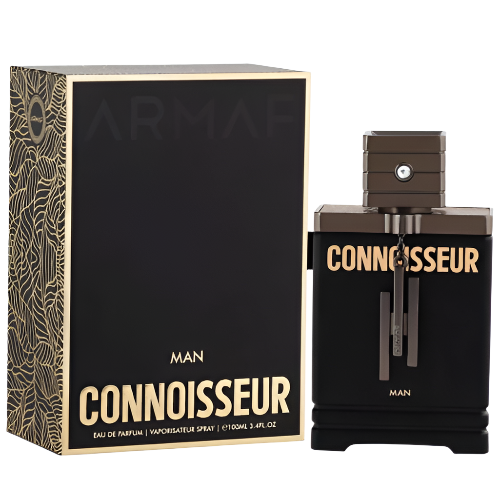 Armaf Connoisseur Man eau de parfum bottle with black label next to patterned box packaging