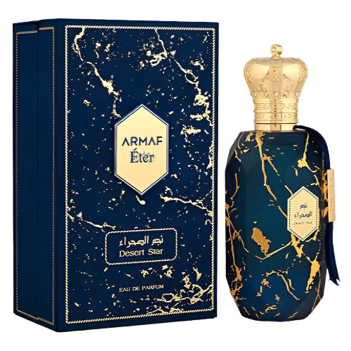 Armaf Eter Desert Star perfume bottle with gold crown cap next to navy and gold marbled box packaging