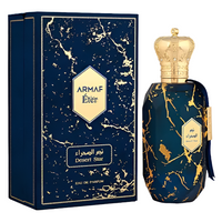 Armaf Eter Desert Star perfume bottle with gold crown cap next to navy and gold marbled box packaging