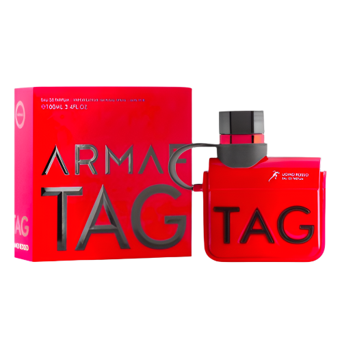 Armaf Tag Uomo Rosso red perfume bottle with matching red box and gray cap.