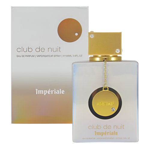 Armaf Club De Nuit Imperiale perfume bottle with gold cap and pendant, displayed with packaging box.