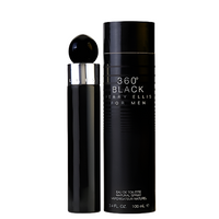 360 Black fragrance bottle and cylindrical black box with silver accents