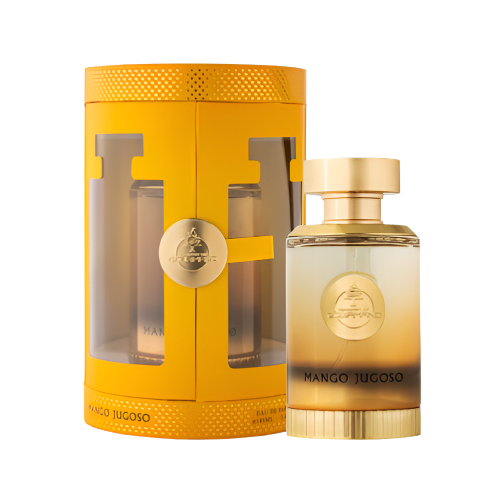 Paris Corner Ministry Of Gourmand Mango Jugoso 3.4 Oz EDP gradient bottle with gold cap and yellow canister packaging box front view