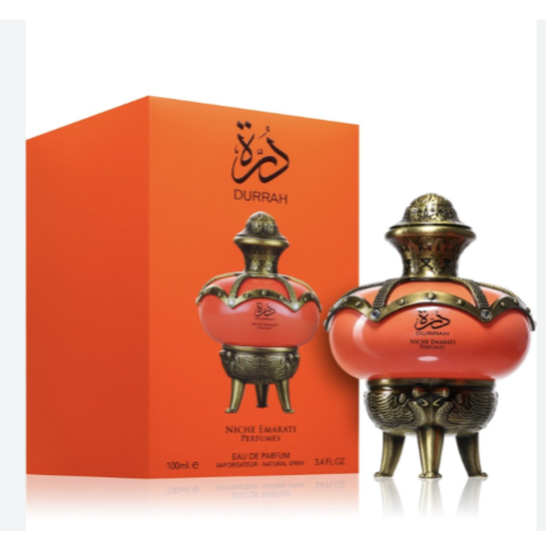 Lattafa Niche Emarati Durrah Eau de Parfum 3.4 oz luxury orange bottle with gold detailing and packaging box front view