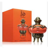 Lattafa Niche Emarati Durrah Eau de Parfum 3.4 oz luxury orange bottle with gold detailing and packaging box front view