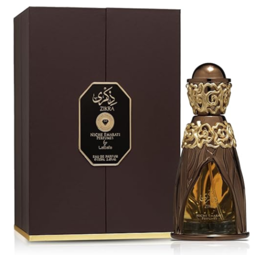 Lattafa Niche Emarati Zikra Eau de Parfum 3.4 oz dark brown bottle with gold ornate cap and packaging box front view