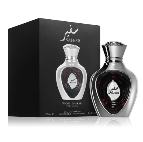 Lattafa Niche Emarati Safeer Eau de Parfum 3.4 oz silver bottle with black packaging box front view