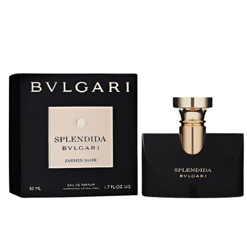 Bvlgari Splendida Jasmin Noir Eau de Parfum 3.4 oz black bottle with gold cap and packaging box front view