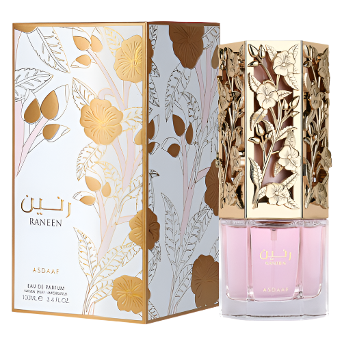 Lattafa Asdaaf Raneen Eau de Parfum 3.4 oz pink bottle with floral gold cap and packaging box front view