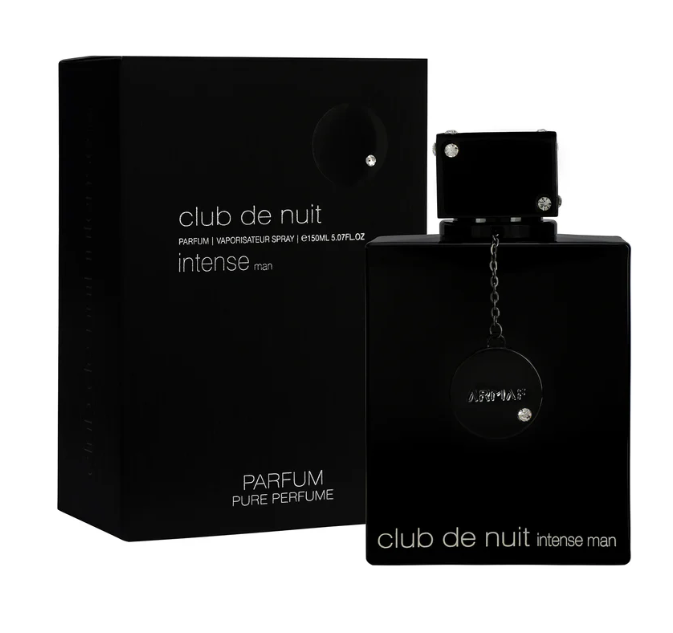 Armaf Club De Nuit Intense black parfum bottle with box and atomizer on white background