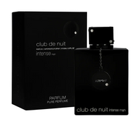 Armaf Club De Nuit Intense black parfum bottle with box and atomizer on white background