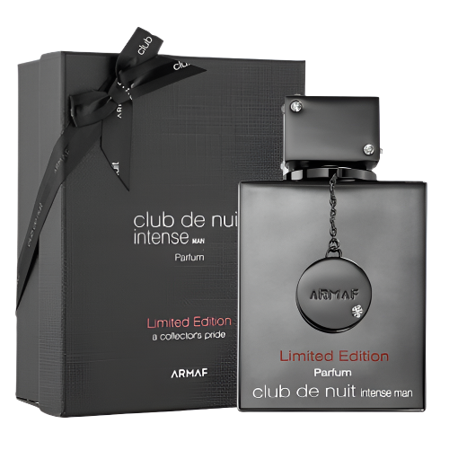 Armaf Club De Nuit Intense Limited Edition Parfum bottle with gray box and black ribbon bow