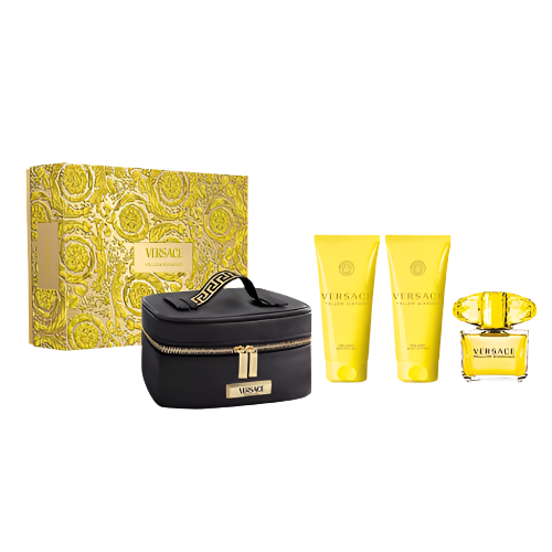 Versace Yellow Diamond 4 piece fragrance gift set with pouch, bottles and packaging box front view