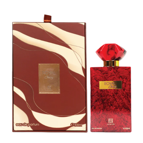 Ahmed Al Maghribi Royal Cherry fragrance bottle and box in deep red with gold accents