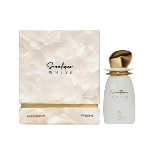 Scentique White fragrance bottle and pearlescent box with gold accents displayed together