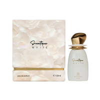 Scentique White fragrance bottle and pearlescent box with gold accents displayed together