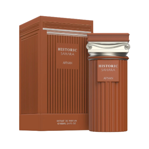 Afnan Historic Sahara Eau De Parfum bottle and box in terracotta with vertical ribbed texture and silver accents