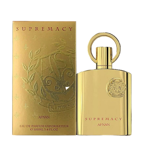 Afnan Supremacy Gold fragrance bottle and box, gold colored packaging with embossed details, 100ml size
