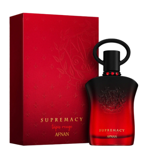 Afnan Supremacy Tapis Rouge red perfume bottle with black cap next to matching red box