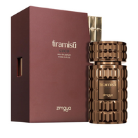 Afnan Zimaya Tiramisu Coco perfume bottle with brown geometric pattern next to burgundy box