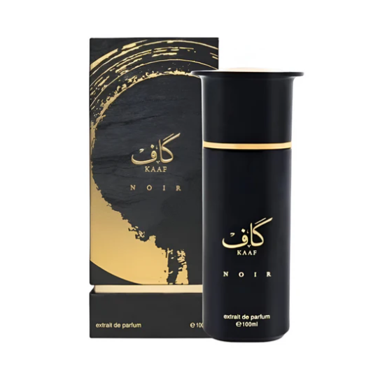 Kaaf Noir Extrait De Parfum 100ml bottle and packaging displayed together, black with gold stripe and swirl details