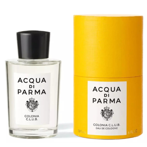 Acqua Di Parma Colonia Club eau de cologne bottle with black cap next to yellow cylindrical packaging