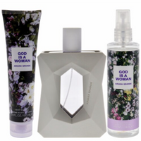 Ariana Grande God Is A Woman 3-piece gift set with perfume bottle, body lotion, and body mist spray