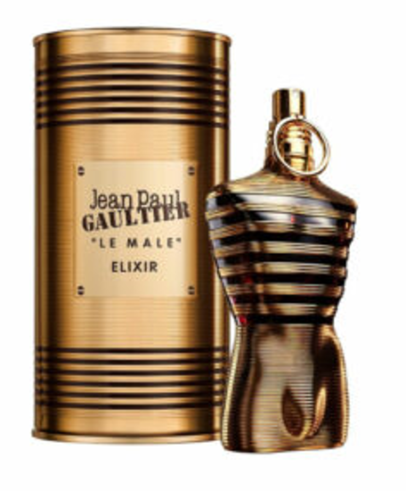 Jean Paul Gaultier Le Male Elixir Eau de Parfum 4.2 oz gold striped torso bottle with ribbed metallic can packaging front view