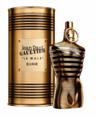 Jean Paul Gaultier Le Male Elixir Eau de Parfum 4.2 oz gold striped torso bottle with ribbed metallic can packaging front view
