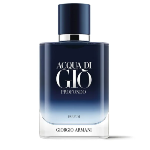 Acqua Di Gio Profondo Parfum dark blue bottle with gradient fade to clear base and black cap, displayed standalone.