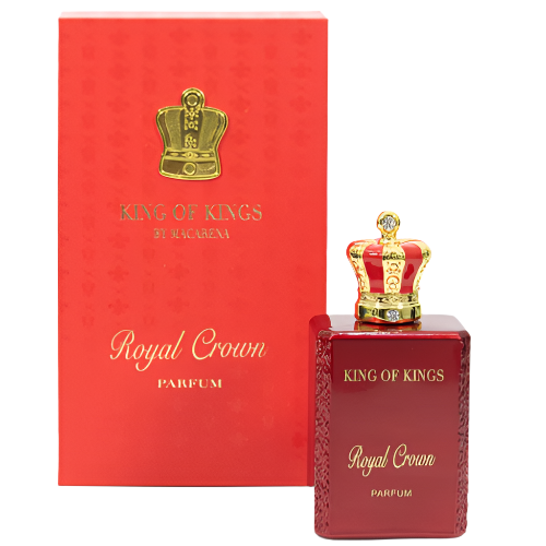 Macarena King Of Kings Royal Crown Eau de Parfum 3.4 oz red bottle with gold crown cap and matching red packaging box front view