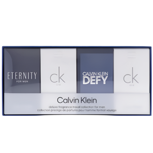 Calvin Klein men's fragrance mini set with Eternity, CK One, and Defy packaging box front view