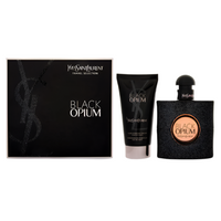 Black Opium fragrance gift set with parfum bottle, body lotion, and black box packaging