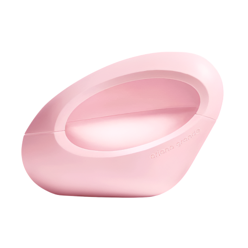 Pink oval-shaped perfume bottle with curved opening and glossy finish