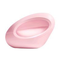 Pink oval-shaped perfume bottle with curved opening and glossy finish