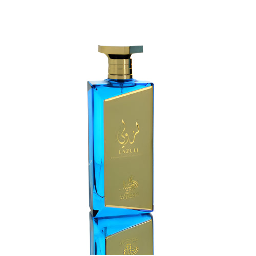 Al Wataniah Lazuli Eau De Parfum bottle with blue glass and gold label, brass pump top