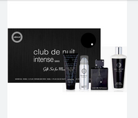 Armaf Club De Nuit Intense 4-piece men's fragrance gift set with cologne bottle, body spray, shower gel, and shampoo in black packaging.