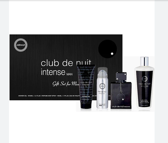 Armaf Club De Nuit Intense 4-piece men's fragrance gift set with cologne bottle, body spray, shower gel, and shampoo in black packaging.