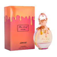 Armaf Miss Attitude perfume bottle with coral gradient box featuring gold drip design on packaging.