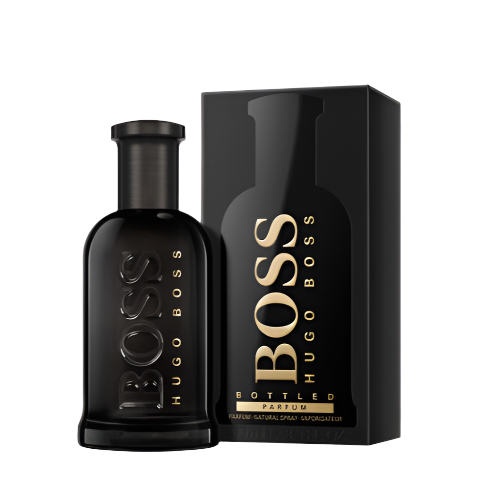 Boss Bottled Parfum black bottle with gold text next to matching black box packaging
