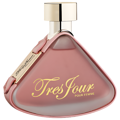 Armaf Tres Jour pink perfume bottle with gold text and cream-colored cap.