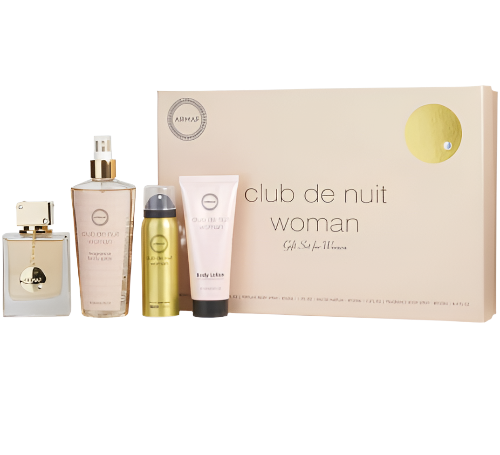 Armaf Club De Nuit 4-piece gift set with fragrance bottle, body lotion, body spray, and smaller perfume in tan box