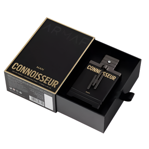 Armaf Connoisseur fragrance box set with black bottle and gold accents displayed open