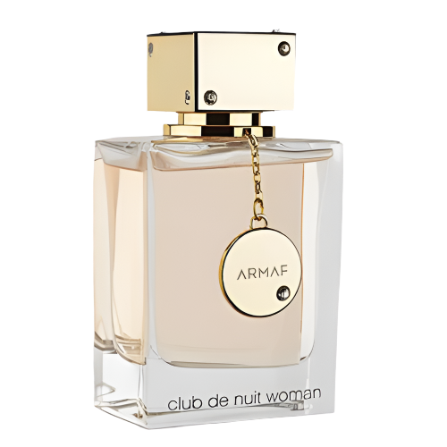 Armaf Club De Nuit eau de parfum bottle, close-up front view showing peach liquid and gold circular charm pendant.