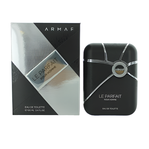 Armaf Le Parfait fragrance bottle with black exterior and packaging box displayed side by side