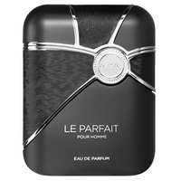 Armaf Le Parfait black rectangular fragrance bottle with silver accents and circular emblem