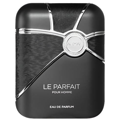 Armaf Le Parfait black rectangular fragrance bottle with silver accents and circular emblem