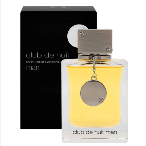 Armaf Club De Nuit Man perfume bottle with yellow liquid, taupe cap, and black box packaging